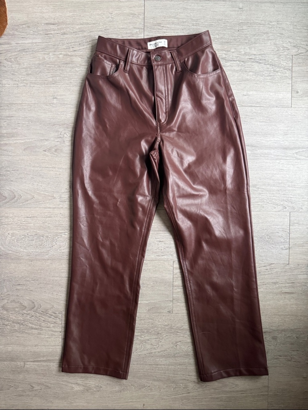 Abercrombie & Fitch Women’s Straight Faux Leather Pants in Burgundy Brown